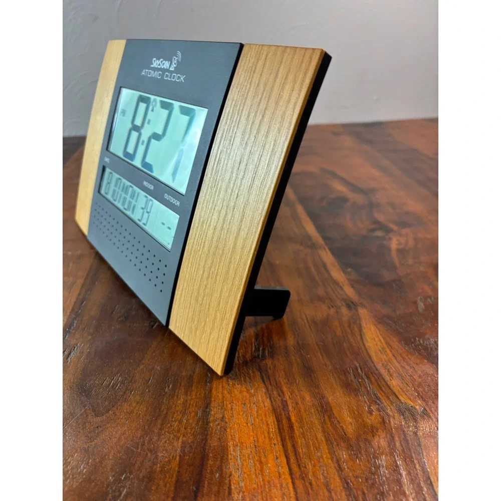SkyScan Atomic Clock Digital Wall Tabletop Wood Grain Black Model 86722